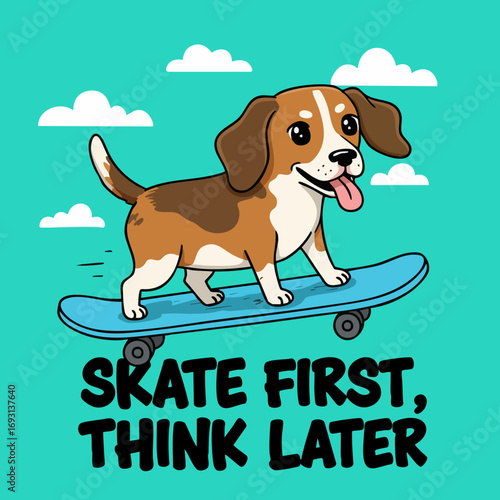 Cute Cartoon Beagle Dog Riding Skateboard with Clouds Illustration