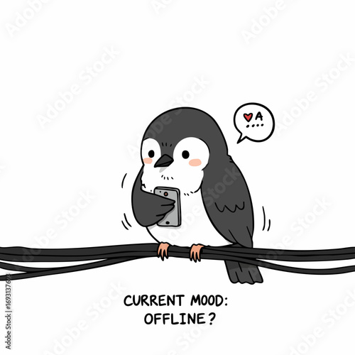 Cute Handdrawn Bird Using Phone Offline Message Illustration