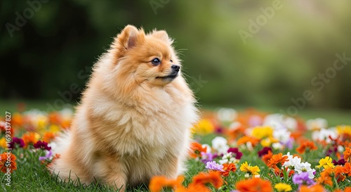 Fototapeta Naklejka Na Ścianę i Meble -  Cute Orange Dog Sitting in Colorful Flower Meadow on Sunny Day