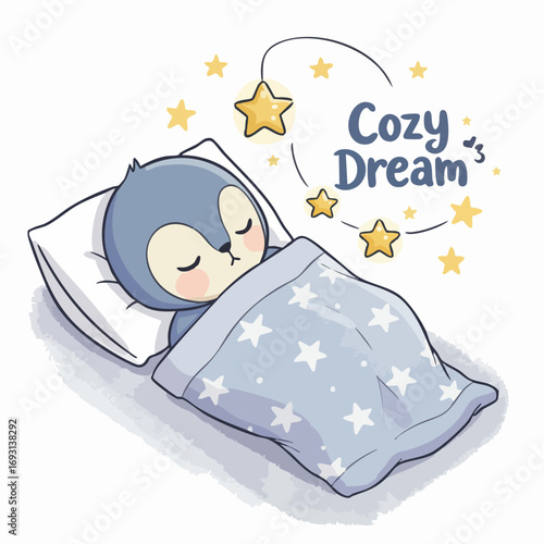 Watercolor Adorable Sleeping Penguin with Starry Blanket Illustration Art
