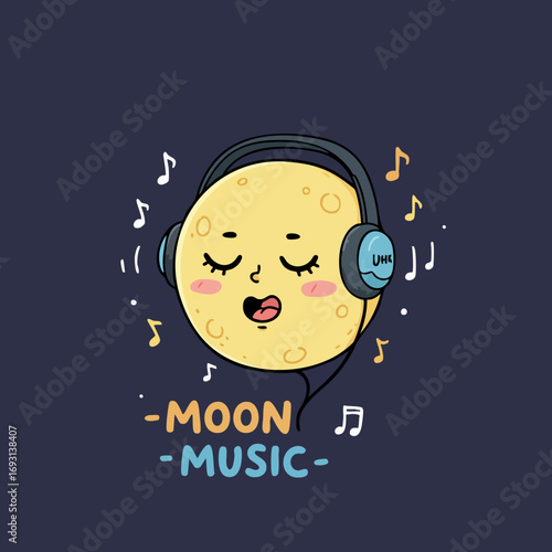 Cartoon Style Cute Moon Listening Music with Headphone Illustration