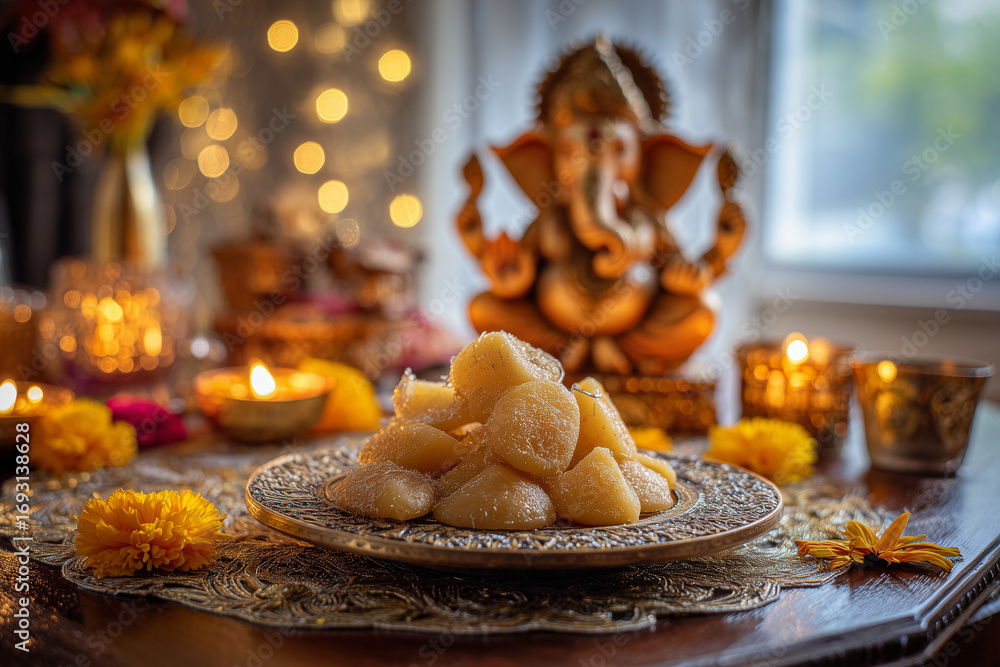 Traditional modak sweets decorating ceramic plate near ganesha statue, surrounded by flickering candles and vibrant marigold blossoms during festive diwali celebration Traditional modak sweets decorating ceramic plate near ganesha statue, surrounded by flickering candles and vibrant marigold blossoms during festive diwali celebration
