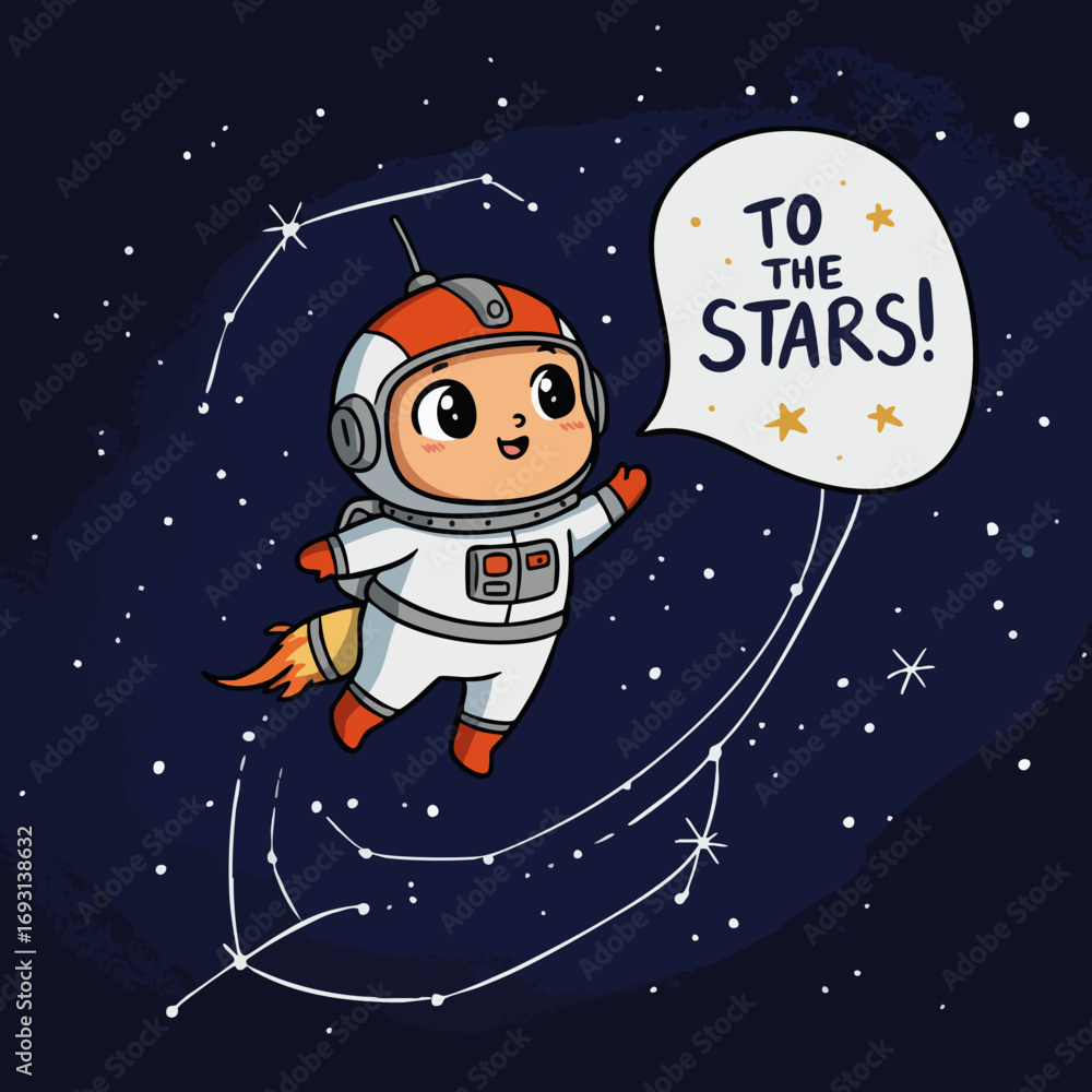Fototapeta premium Cute Cartoon Astronaut with Rocket Boost Reaching for the Stars Illustration
