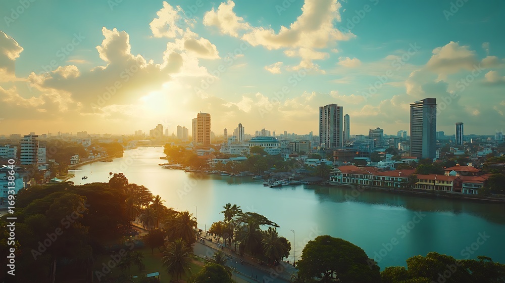 Fototapeta premium Beautiful aerial view of Colombo city skyline with river reflections image