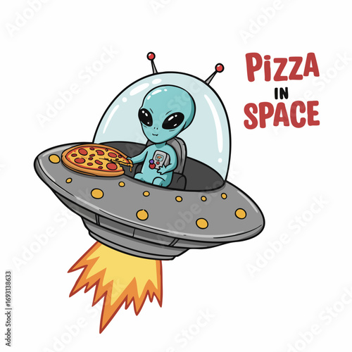 Cartoon Illustration of an Alien in UFO Eating Pizza in Space