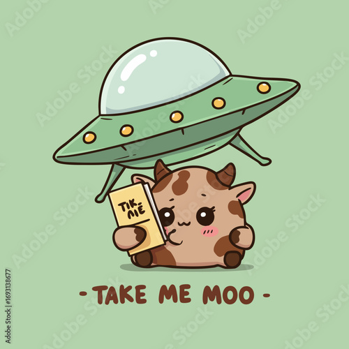Cartoon Style Cute Cow Abduction by Ufo Illustration with Text