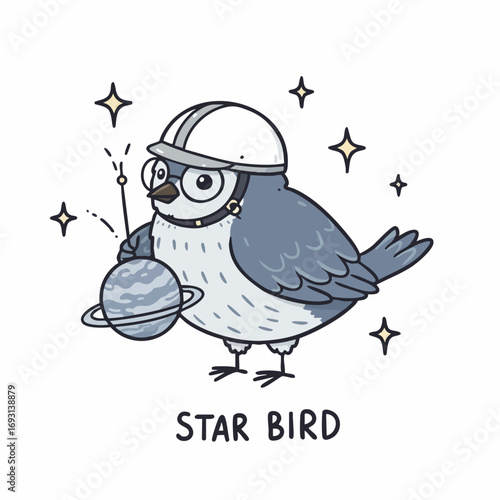 Whimsical Handdrawn Cartoon Star Bird Astronaut with Planet Illustration