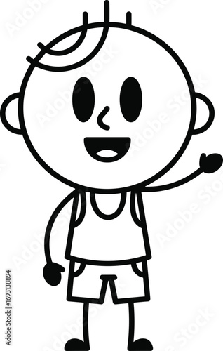 Black and white cartoon boy, stick figure illustration, waving child, minimal design, playful character, sleeveless shirt, shorts, smiling face, simple art