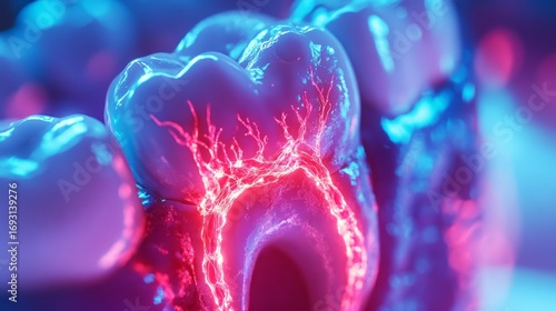 Researchers futuristic dental science exploring teeth and nerves intricate structures, using luminescent fibers to blend art with scientific advancements, enhancing dental health and smile aesthetics