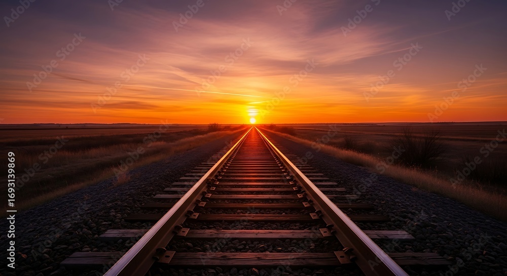 Obraz premium Railroad Tracks Leading to a Vibrant Sunset.