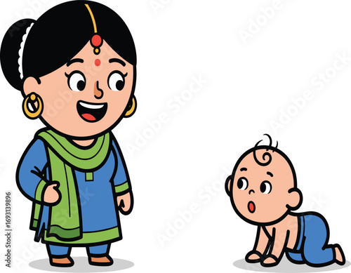 Indian mother and baby cartoon, traditional salwar kameez, cultural illustration, family bond, ethnic outfit, caring woman, crawling child, expressive art