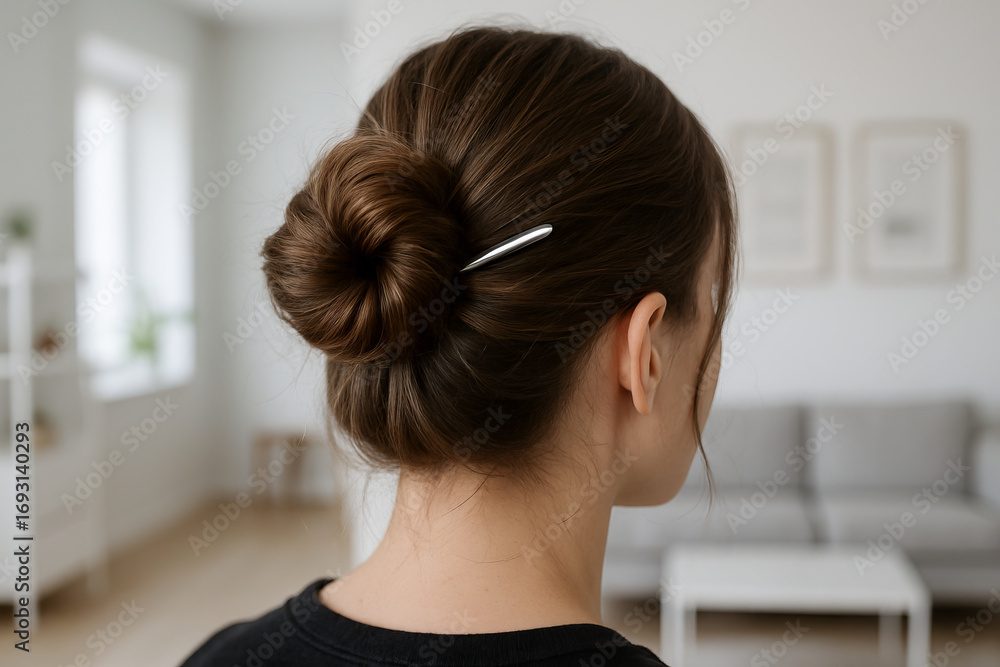 Fototapeta premium Woman with brown hair in elegant bun hairstyle in minimalist living room. concept of hairstyling, home interior, modern elegance