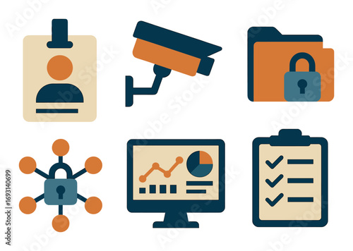 Security and privacy flat icon set. featuring id badge, cctv, locked folder, network security, analytics, checklist.