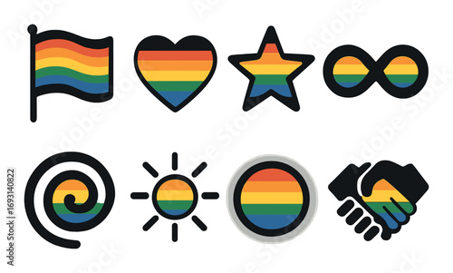 Lgbtq+ silhouette icon set. featuring flag, heart, star, infinity, spiral, sun, circle, hands symbols.