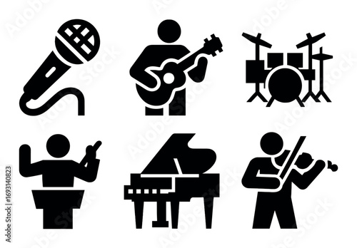 Music silhouette icon set. featuring microphone, guitar, drums, conductor, piano, violin symbols.