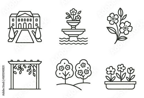Gardening linear icon set. featuring mansion, fountain, flowers, pergola, trees, and planter symbols.