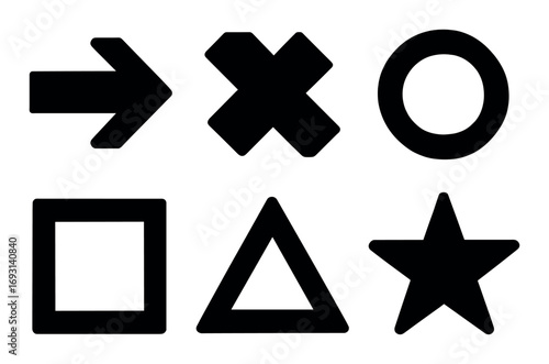 Shapes silhouette icon set. featuring arrow, cross, circle, square, triangle, and star symbols.