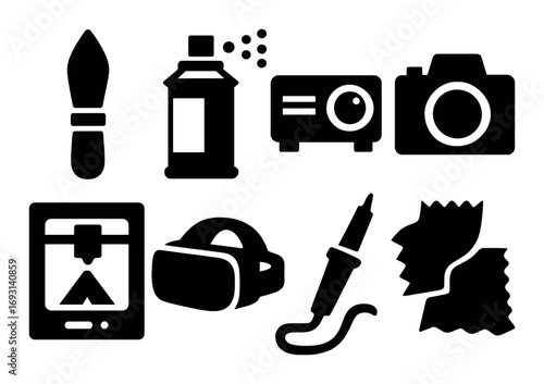 Art and technology silhouette icon set. featuring brush, spray, projector, camera, 3d printer, vr headset, soldering iron, paper.