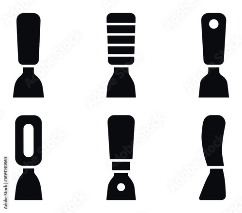 Painting tools silhouette icon set. featuring spatula, scraper, putty knife, trowel, palette knife, and drywall knife.
