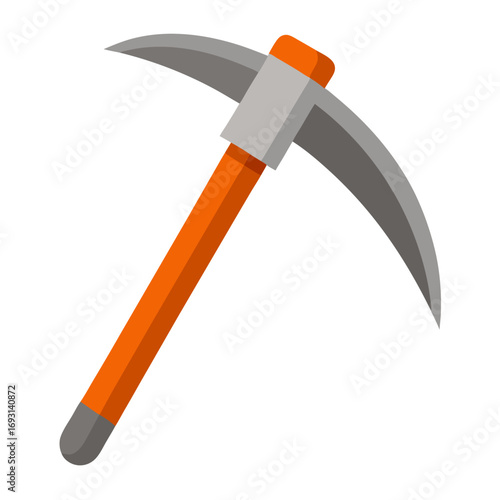 Gray metal pickaxe with orange handle vector on white background.
