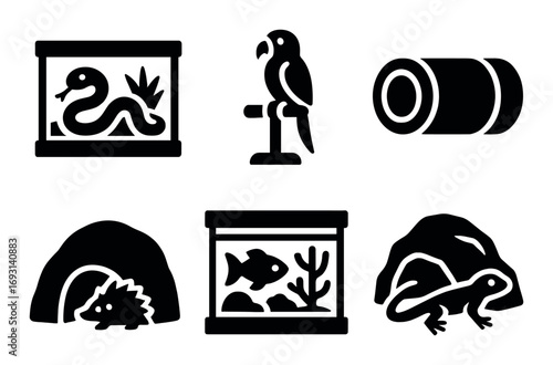Pet accessories silhouette icon set. featuring snake tank, parrot perch, pet tunnel, hedgehog cave, fish tank, reptile shelter.