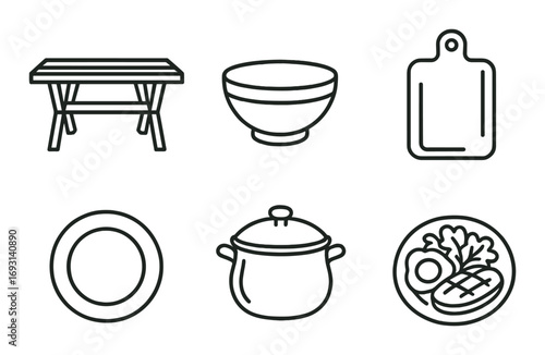 Kitchen essentials linear icon set. featuring table, bowl, cutting board, plate, pot, and dish symbols.