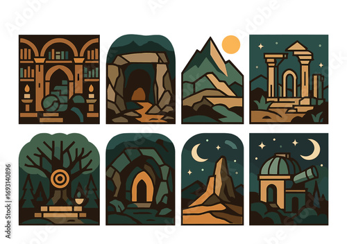 Adventure and nature silhouette icon set. featuring library, cave, mountains, ruins, tree, observatory.