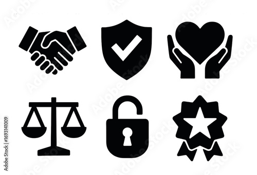 Business ethics silhouette icon set. featuring handshake, shield, heart, scale, lock, and award symbols.