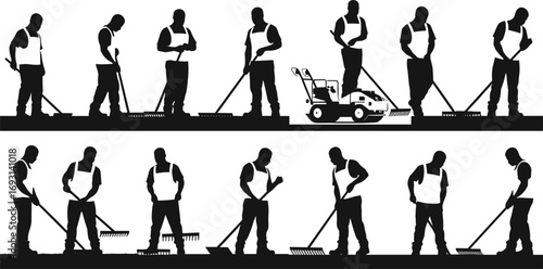 Silhouettes of construction workers with tools, rakes, machinery, teamwork, manual labor, roadwork scene, safety vest, black and white illustration.