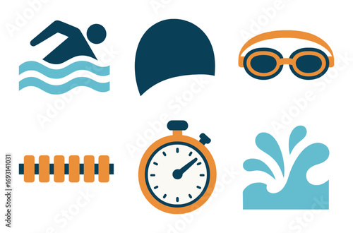 Swimming silhouette icon set. featuring swimmer, cap, goggles, lane marker, stopwatch, splash..