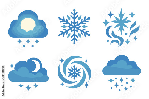 Weather silhouette icon set. featuring moon, snowflake, wind, cloudy, star, and rain symbols.