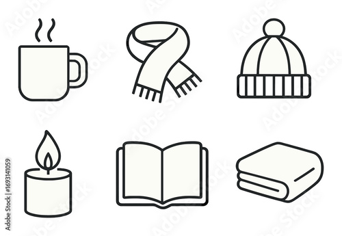 Winter essentials linear icon set. featuring mug, scarf, beanie, candle, book, and blanket symbols.