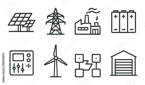 Energy and industry linear icon set. featuring solar panels, power lines, factory, batteries, control panel, wind turbine, flowchart, and warehouse symbols.