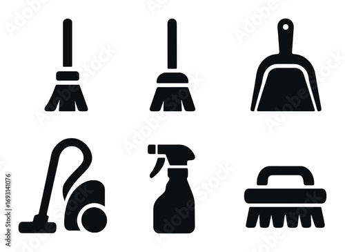 Cleaning tools silhouette icon set. featuring broom, dustpan, vacuum, spray, and brush symbols.