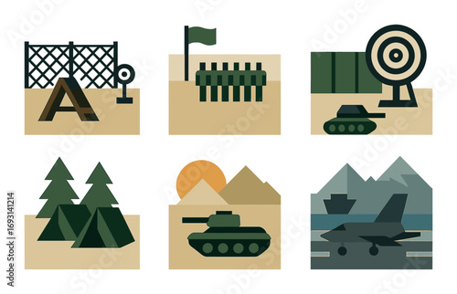 Military training flat icon set. featuring fence, target, camp, tank, airplane, and ship symbols.