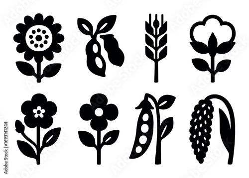 Agriculture silhouette icon set. featuring sunflower, peanut, wheat, cotton, flowers, pea pod, rice symbols.