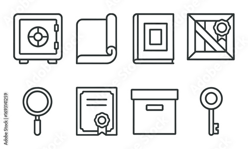 Detective tools linear icon set. featuring safe, scroll, book, magnifying glass, certificate, box, and key symbols.