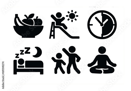 Healthy living silhouette icon set. featuring fruits, sun, clock, sleep, exercise, and meditation symbols.