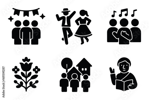 Community and celebration silhouette icon set. featuring party, dance, music, group, flower, neighborhood, reading..