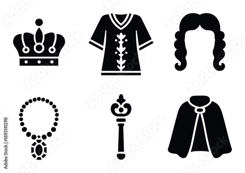 Royal attire silhouette icon set. featuring crown, robe, necklace, scepter, hair, and tunic symbols.