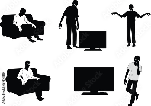 Zombie silhouette addicted to television, screen obsession concept, digital fatigue, media overload, lazy lifestyle, horror illustration, modern tech addiction.