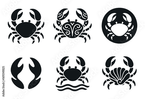 Beach wildlife silhouette icon set. featuring crab, ornate, waves, shell, and tropical symbols.