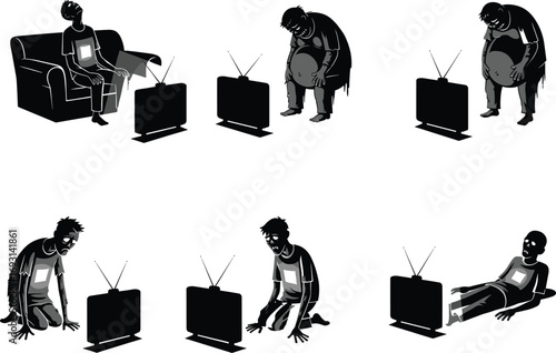 Zombie character watching TV, digital addiction concept, screen-obsessed figure, unhealthy lifestyle, media overconsumption, loneliness, binge-watching, modern technology effect.