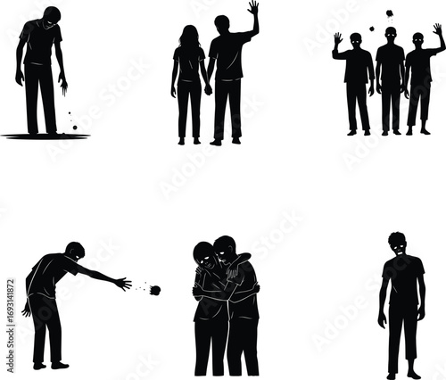 Zombie silhouette collection showing emotions, fear, love, group behavior, walking dead characters, horror concept, black scary undead illustration set.