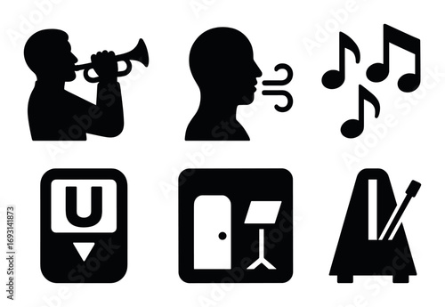 Music activity silhouette icon set. featuring trumpet, breathing, notes, metronome, tuning, and stand symbols.