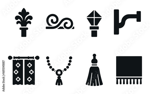 Home decor silhouette icon set. featuring finial, scroll, lamp, curtain, tassel, and bead ornaments.