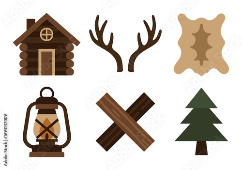 Rustic camping flat icon set. featuring cabin, antlers, hide, lantern, logs, and tree symbols..
