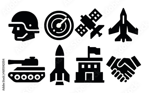 Military silhouette icon set. featuring soldier, radar, satellite, jet, tank, missile, base, and handshake icons.