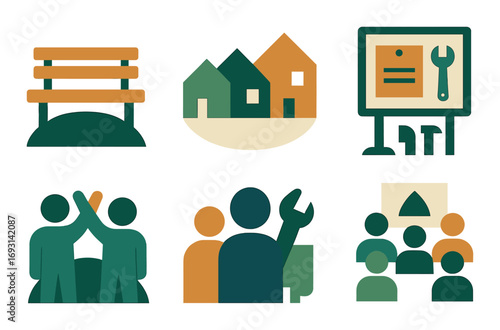 Community and workshop flat icon set. bench, houses, meeting, presentation, tools, teamwork.