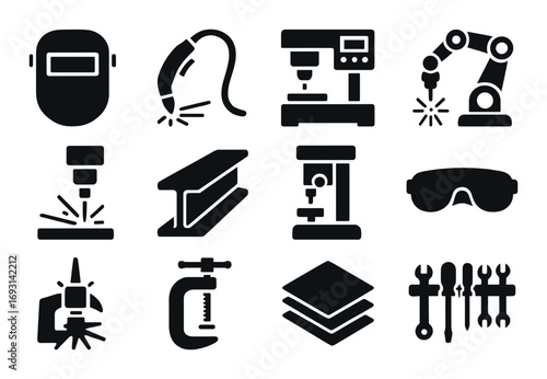 Industrial tools silhouette icon set. featuring welding helmet, drill, mill, robotic arm, and safety goggles.
